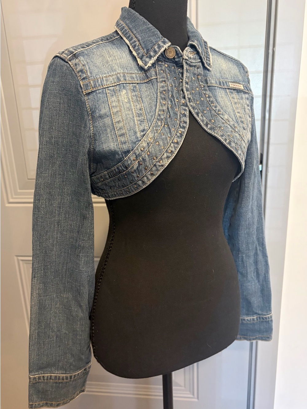 Hydraulic Faded Blue Denim Cropped Bolero Jacket with Stud Accents